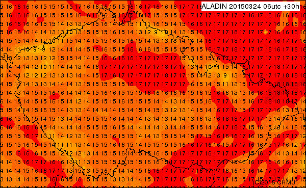 Předpokládané rozložení teplot ve 13 hodin (ČHMÚ)